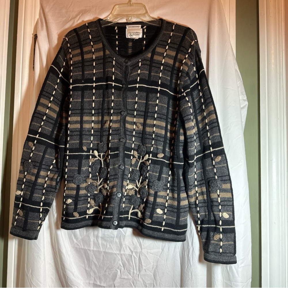 CHRISTOPHER & BANKS Women's  XL Black Flowers Hand Embroidered Cardigan Sweater